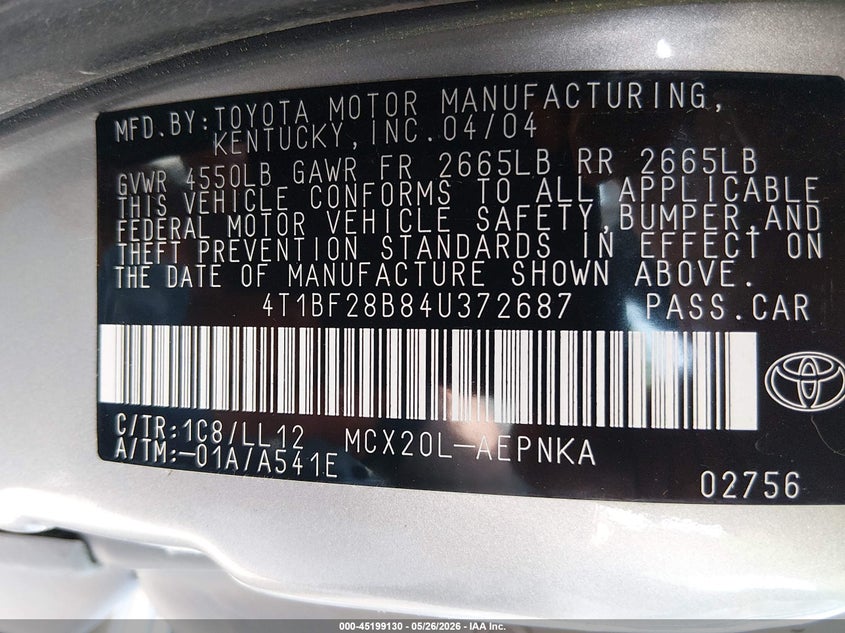 2004 Toyota Avalon Xl VIN: 4T1BF28B84U372687 Lot: 45199130