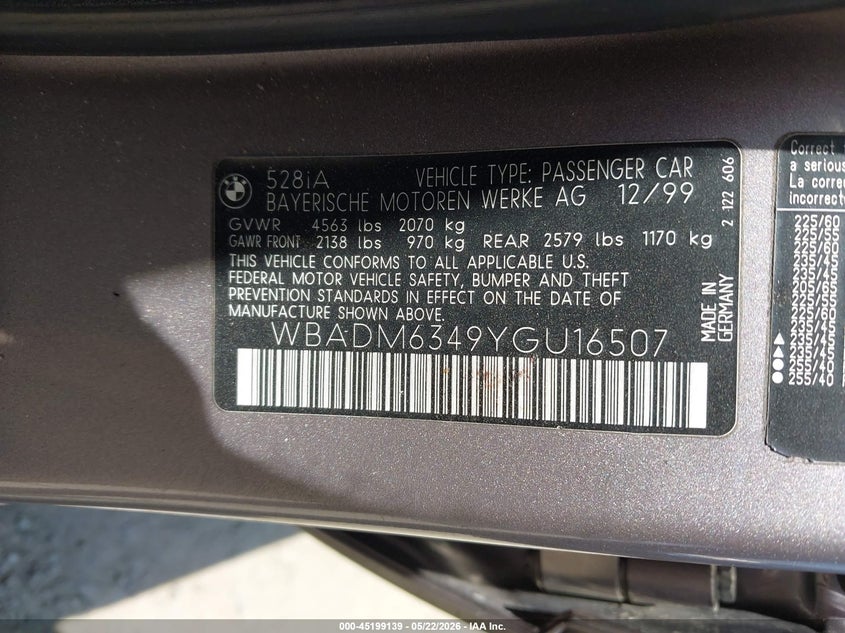 2000 BMW 528Ia VIN: WBADM6349YGU16507 Lot: 45199139