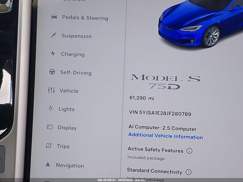 2018 Tesla Model S 100D/75D/P100D VIN: 5YJSA1E28JF280789 Lot: 45199151
