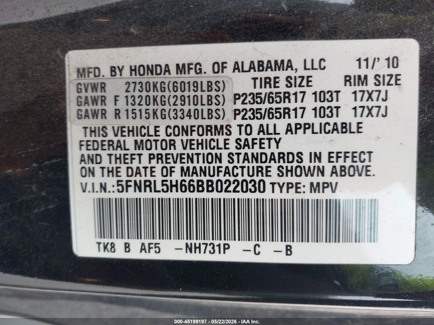 2011 Honda Odyssey 3.5 Ex-L black Lot 111045199197 Vin 5FNRL5H66BB022030