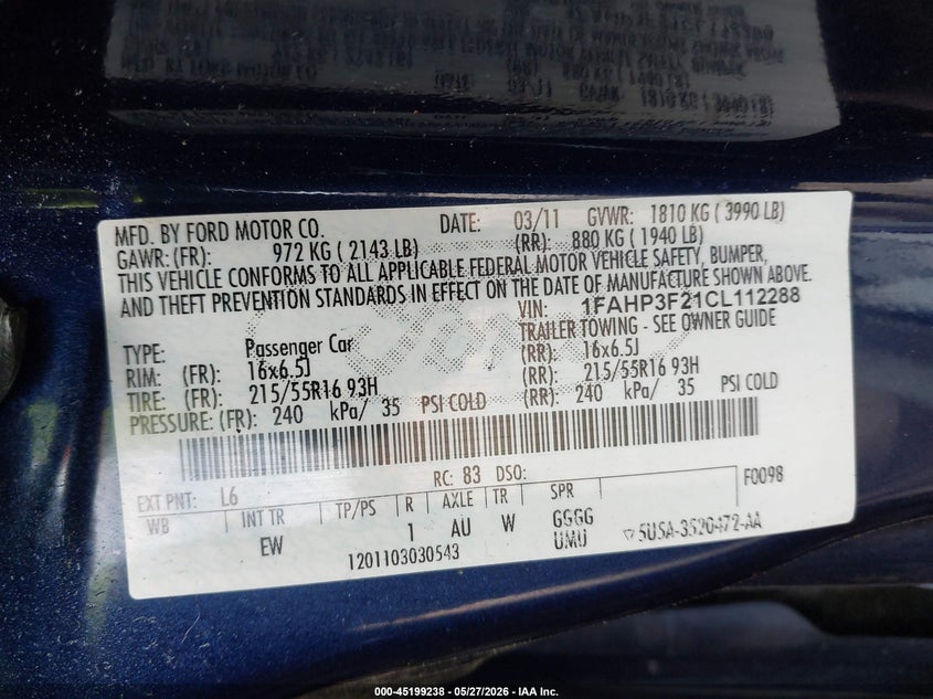 2012 Ford Focus 2.0 Se blue Lot 111045199238 Vin 1FAHP3F21CL112288