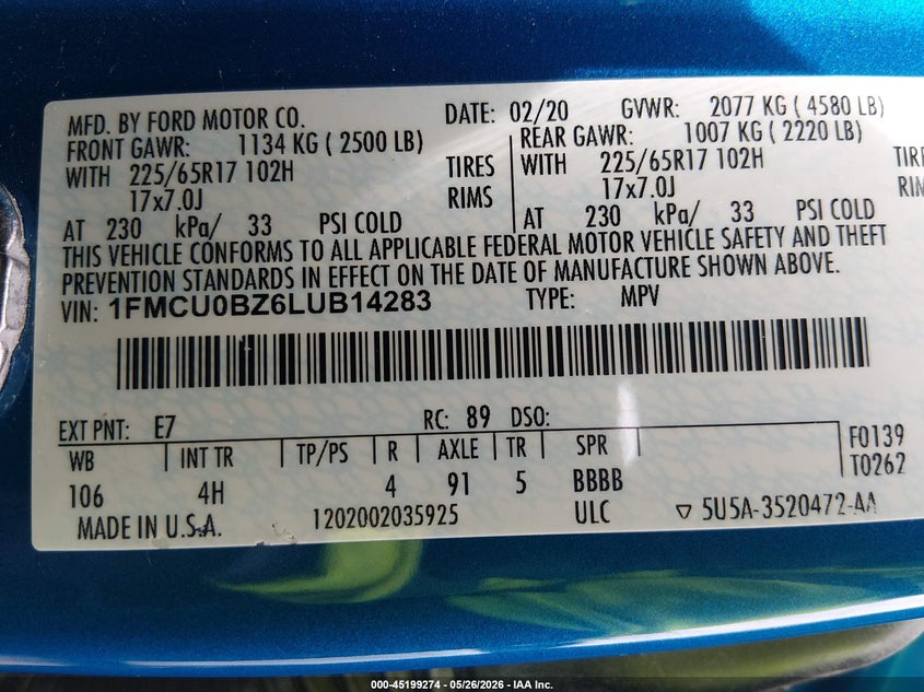 2020 FORD ESCAPE SPORT UTILITY VEHICLE 2.5L I-4 DOHC, VVT, 165HP
