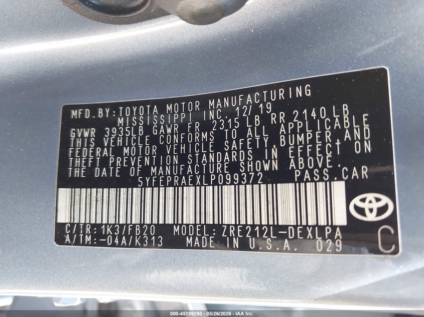 2020 TOYOTA COROLLA SEDAN 1.8L I-4 DOHC, VVT, 139HP