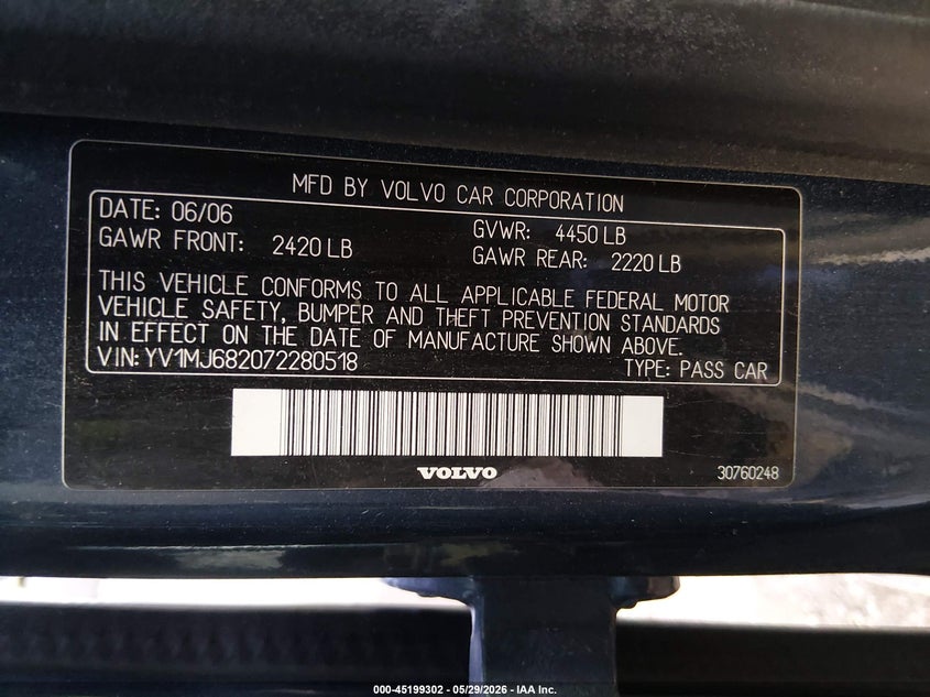 2007 Volvo V50 T5 VIN: YV1MJ682072280518 Lot: 45199302