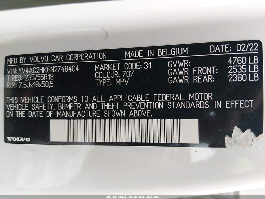 2022 Volvo Xc40 T4 Momentum VIN: YV4AC2HK6N2748404 Lot: 45199331