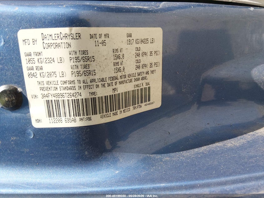 2006 Chrysler Pt Cruiser VIN: 3A4FY48B96T264274 Lot: 45199350