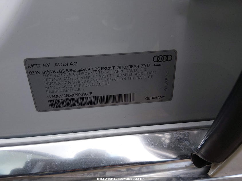 2014 Audi A8 L 3.0 Tdi VIN: WAURMAFD8EN001075 Lot: 45199414