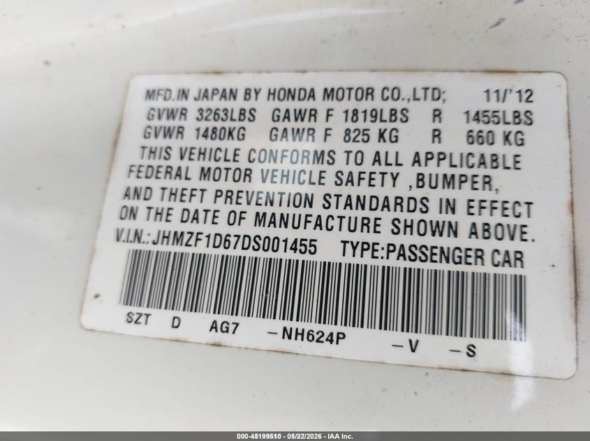 2013 Honda Cr-Z Ex VIN: JHMZF1D67DS001455 Lot: 45199510