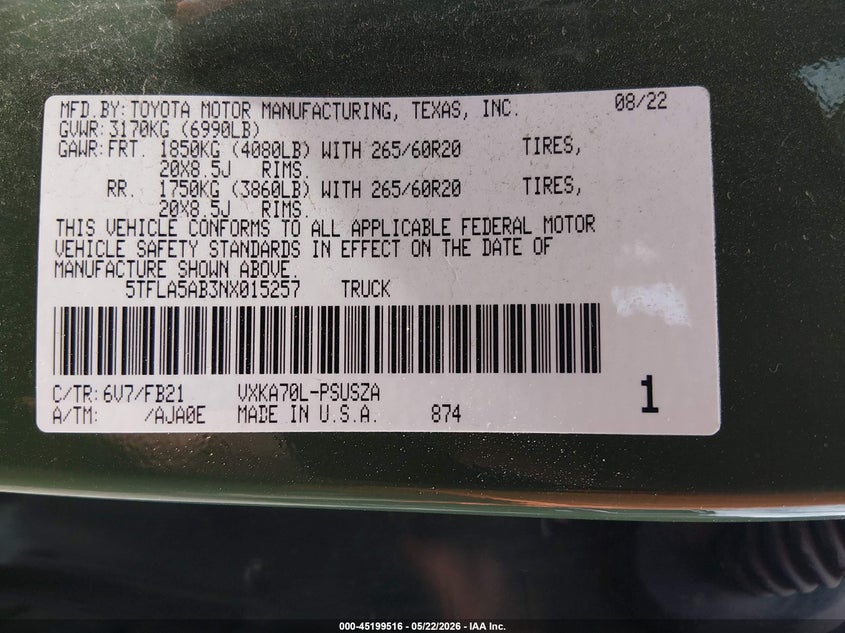 2022 Toyota Tundra Sr5 VIN: 5TFLA5AB3NX015257 Lot: 45199516