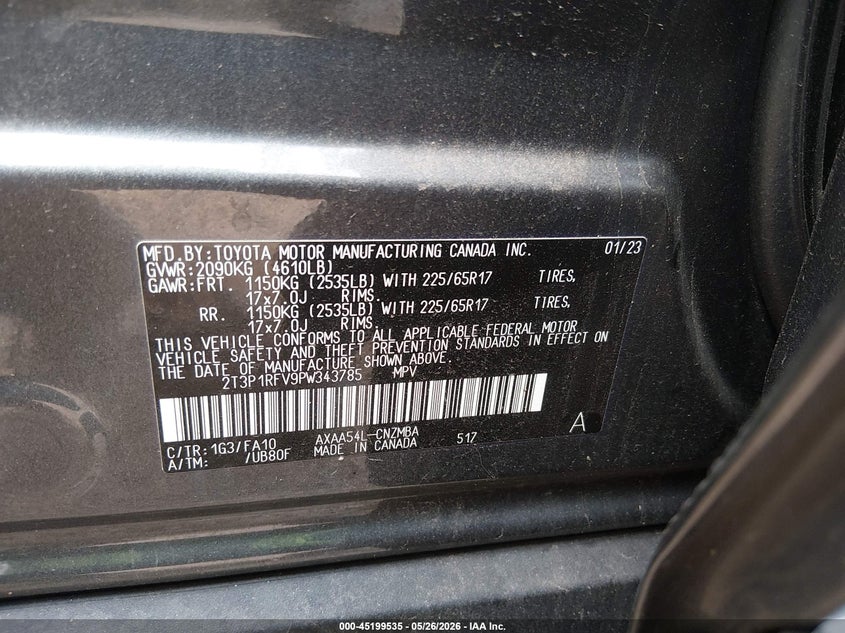 2023 TOYOTA RAV4 2.5L I-4 DI, DOHC, V(VIN: 2T3P1RFV9PW343785