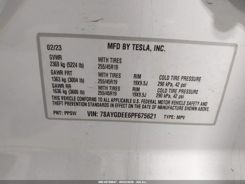 2023 Tesla Model Y Awd/Long Range Dual Motor All-Wheel Drive VIN: 7SAYGDEE6PF675621 Lot: 45199547