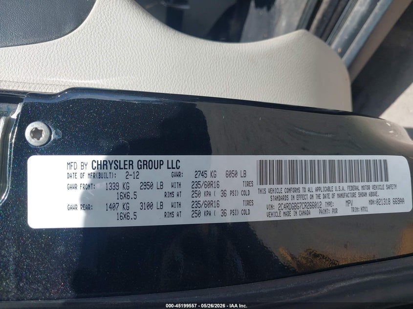 2C4RDGBG7CR266012 2012 Dodge Caravan 3.6 Se/avp Grey