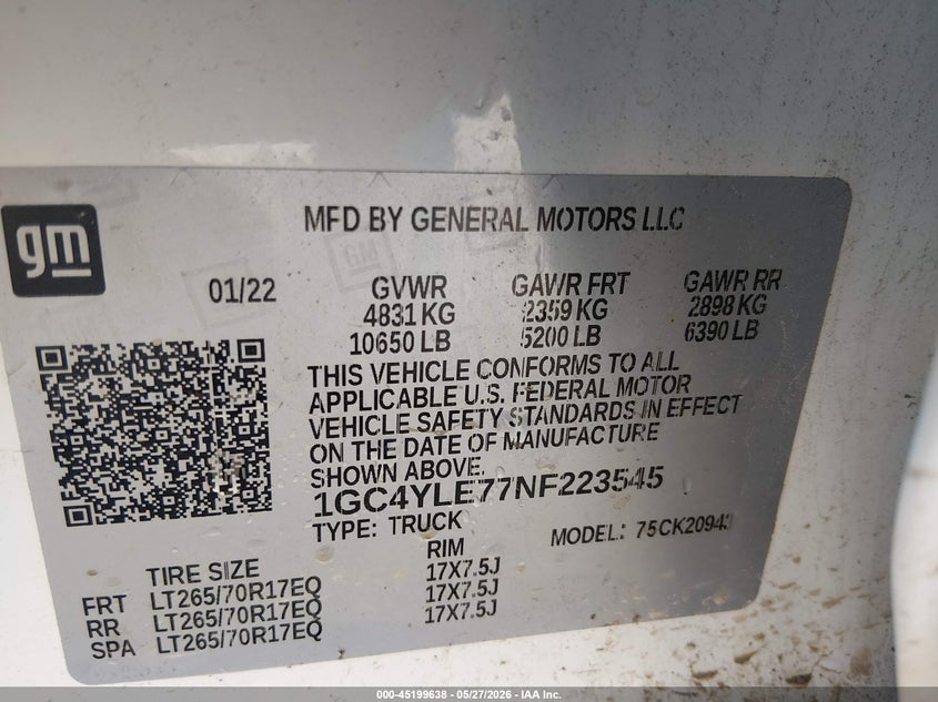 2022 CHEVROLET SILVERADO 2500HD (VIN: 1GC4YLE77NF223545
