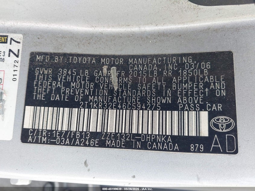 2006 Toyota Matrix Xr VIN: 2T1KR32E46C594275 Lot: 45199639