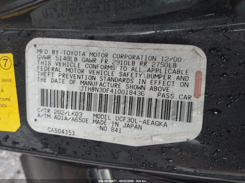 2001 Lexus Ls 430 VIN: JTHBN30F410018436 Lot: 45199677