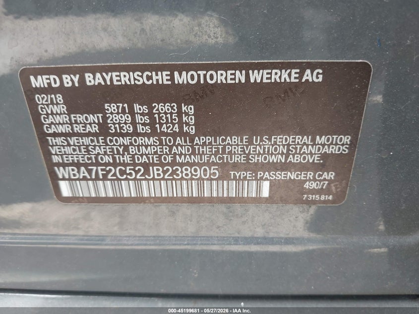2018 BMW 750I xDrive VIN: WBA7F2C52JB238905 Lot: 45199681