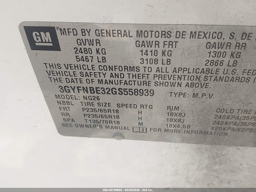 2016 Cadillac Srx Luxury Collection VIN: 3GYFNBE32GS558939 Lot: 45199686