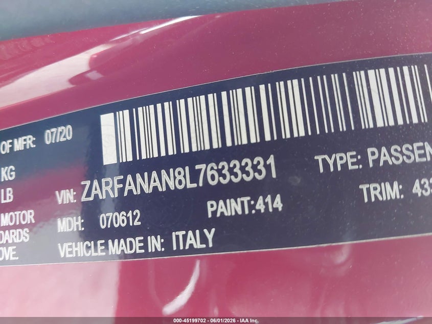 2020 Alfa Romeo Giulia Sport Awd VIN: ZARFANAN8L7633331 Lot: 45199702