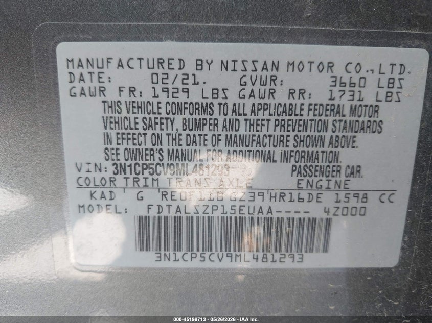 NISSAN KICKS 2021 VIN 3N1CP5CV9ML481293