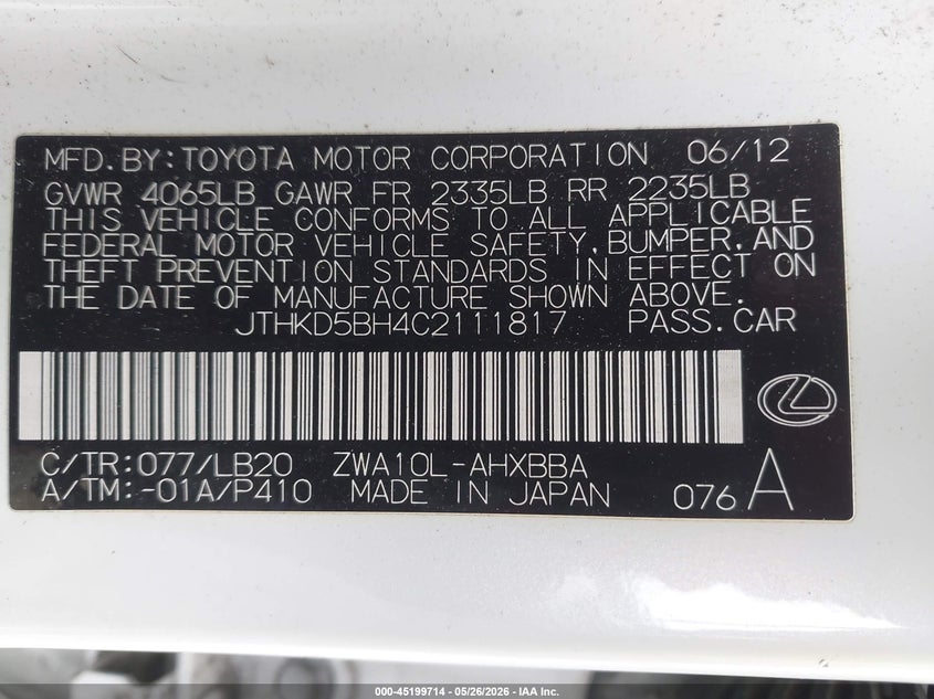 2012 Lexus Ct 1.8 Ct 200H Premium white Lot 111045199714 Vin JTHKD5BH4C2111817