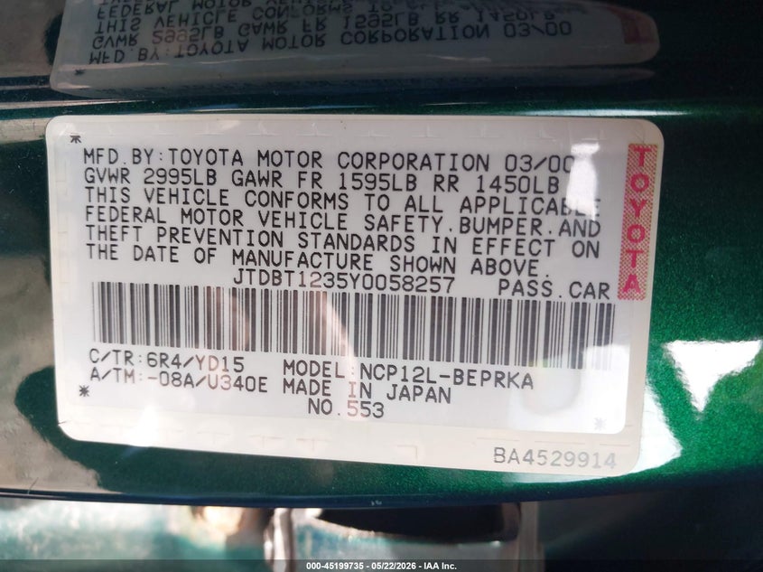 2000 Toyota Echo VIN: JTDBT1235Y0058257 Lot: 45199735