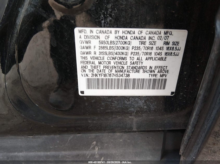 2007 Honda Pilot Ex-L VIN: 2HKYF18767H534738 Lot: 45199741