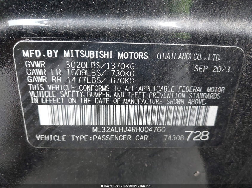2024 Mitsubishi Mirage Es VIN: ML32AUHJ4RH004760 Lot: 45199742