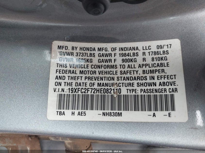 VIN 19XFC2F72HE082110 2017 HONDA CIVIC EX