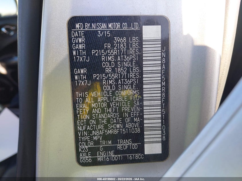 2015 Nissan Juke Sv VIN: JN8AF5MR8FT511038 Lot: 45199802