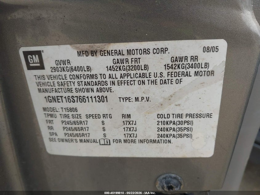 2006 Chevrolet Trailblazer Ext Ls VIN: 1GNET16S766111301 Lot: 45199810