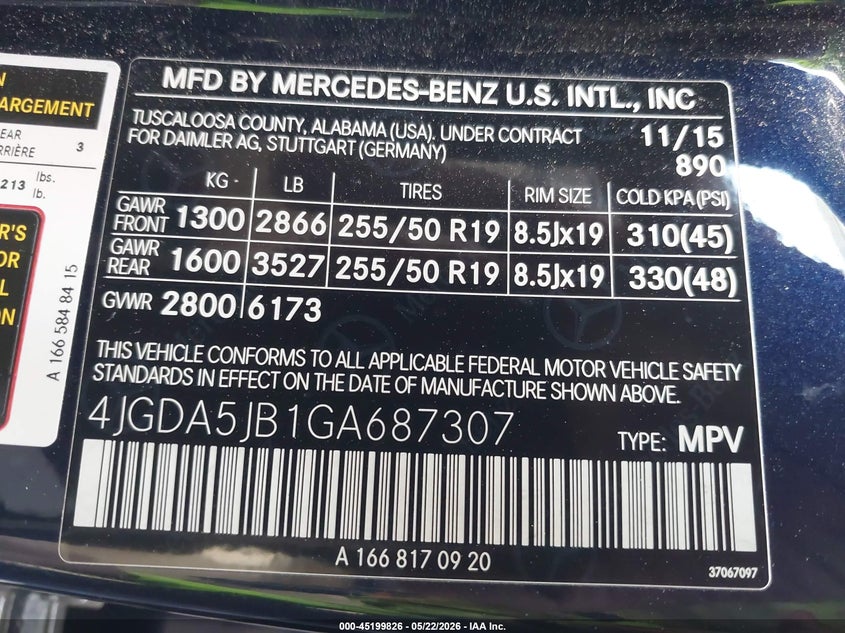 2016 Mercedes-Benz Gle 350 VIN: 4JGDA5JB1GA687307 Lot: 45199826
