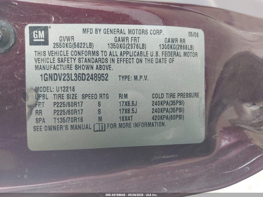 2006 Chevrolet Uplander Ls VIN: 1GNDV23L36D248952 Lot: 45199848