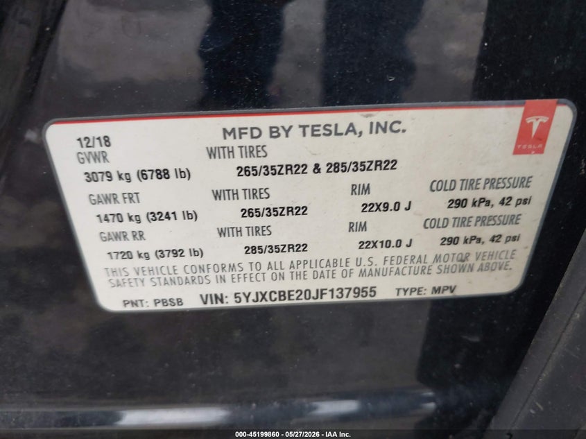 2018 Tesla Model X 100D/75D/P100D VIN: 5YJXCBE20JF137955 Lot: 45199860