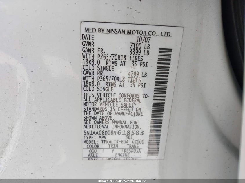 2008 Nissan Armada Se VIN: 5N1AA08D08N618583 Lot: 45199867
