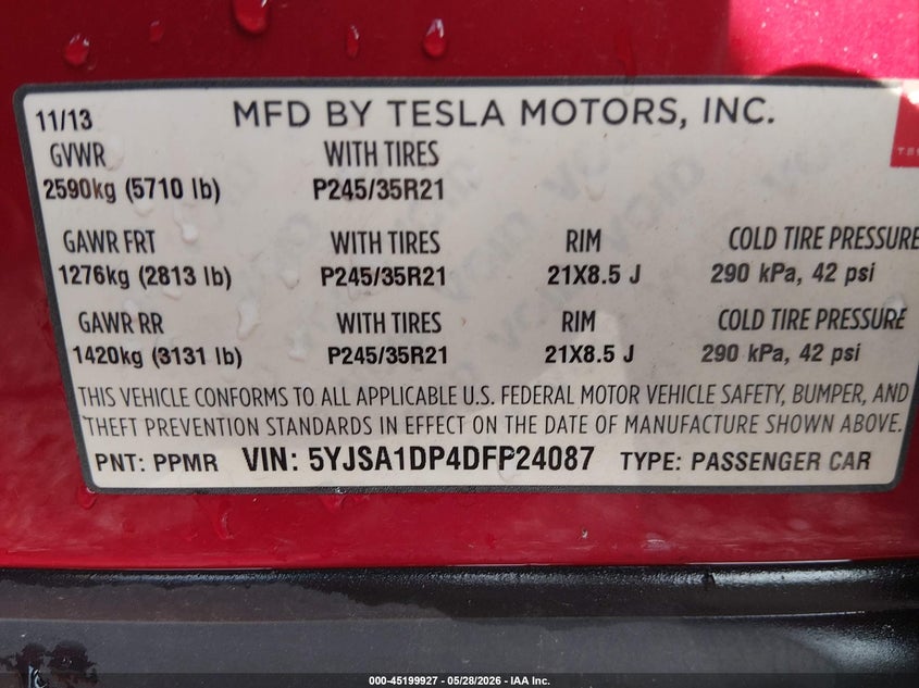 2013 Tesla Model S Performance VIN: 5YJSA1DP4DFP24087 Lot: 45199927
