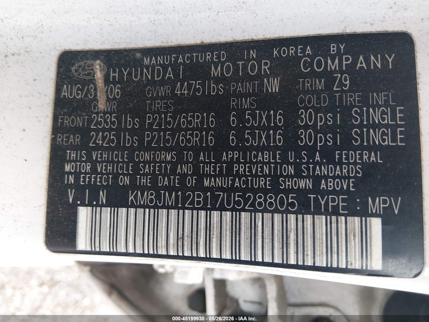 2007 Hyundai Tucson Gls VIN: KM8JM12B17U528805 Lot: 45199930