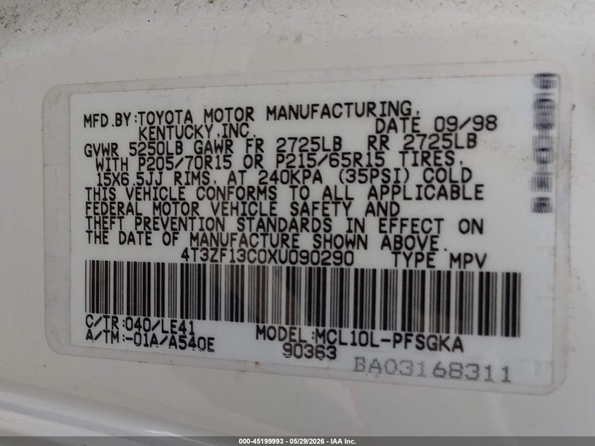 1999 Toyota Sienna Xle VIN: 4T3ZF13C0XU090290 Lot: 45199993