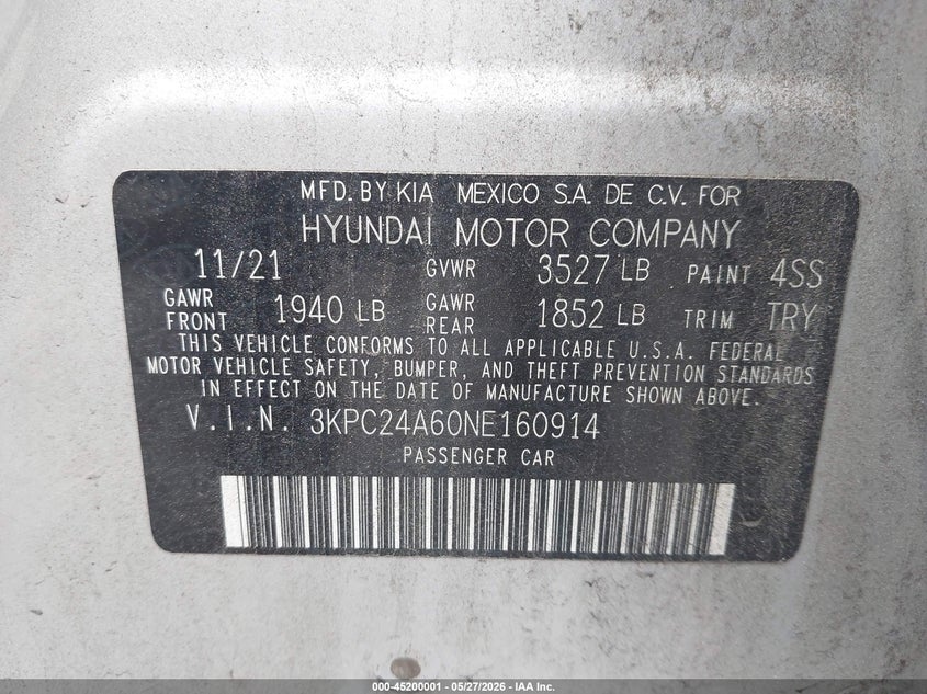 2022 Hyundai Accent Se VIN: 3KPC24A60NE160914 Lot: 45200001
