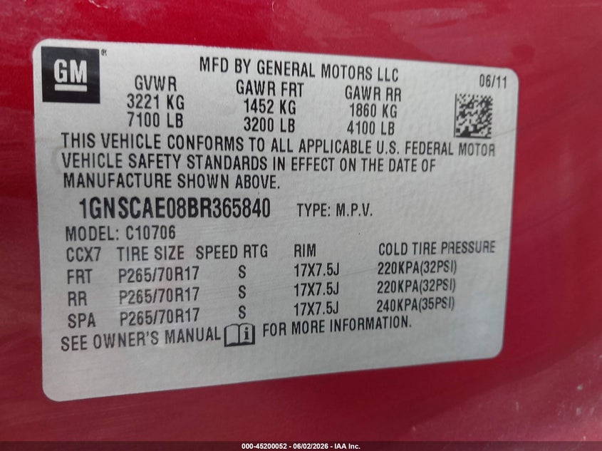 2011 Chevrolet Tahoe Ls VIN: 1GNSCAE08BR365840 Lot: 45200052