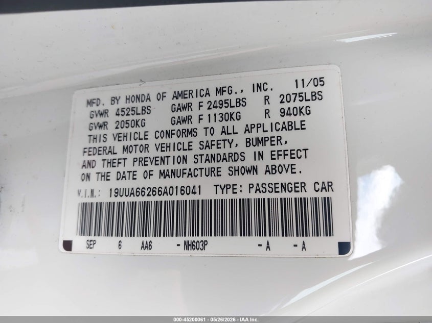2006 Acura Tl VIN: 19UUA66266A016041 Lot: 45200061