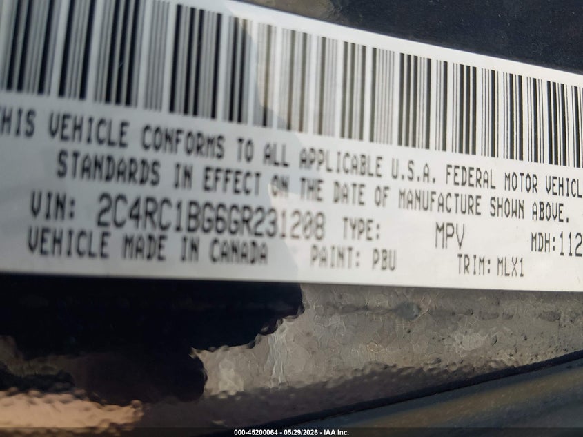 2016 Chrysler Town & Country Touring VIN: 2C4RC1BG6GR231208 Lot: 45200064