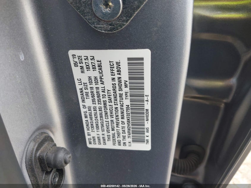 VIN 7FARW2H58KE027554 2019 HONDA CR-V EX