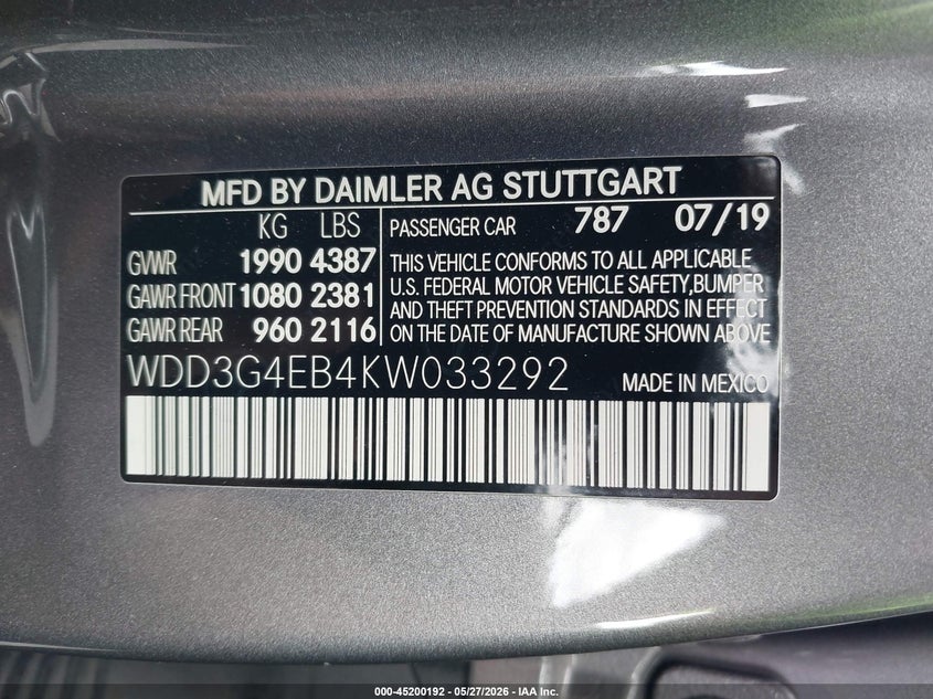 2019 Mercedes-Benz A 220 VIN: WDD3G4EB4KW033292 Lot: 45200192