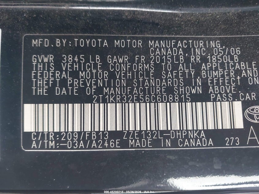 2006 Toyota Matrix Xr VIN: 2T1KR32E56C608815 Lot: 45200215