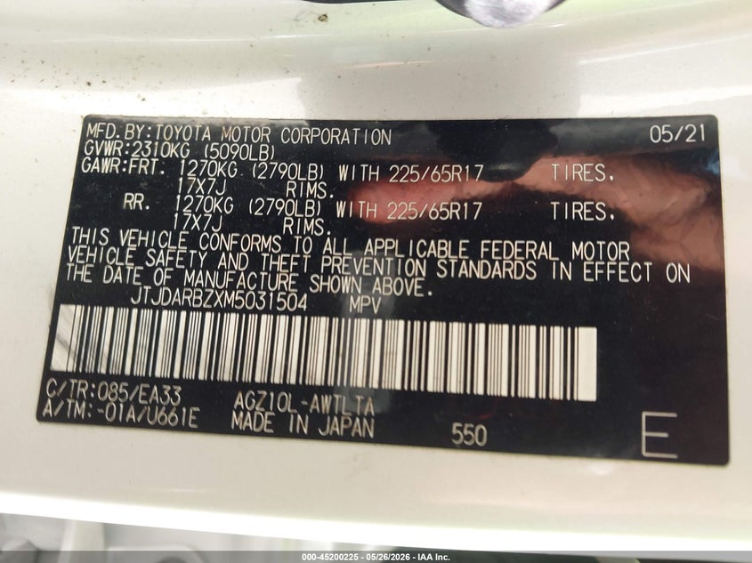 2021 Lexus Nx 300 VIN: JTJDARBZXM5031504 Lot: 45200225