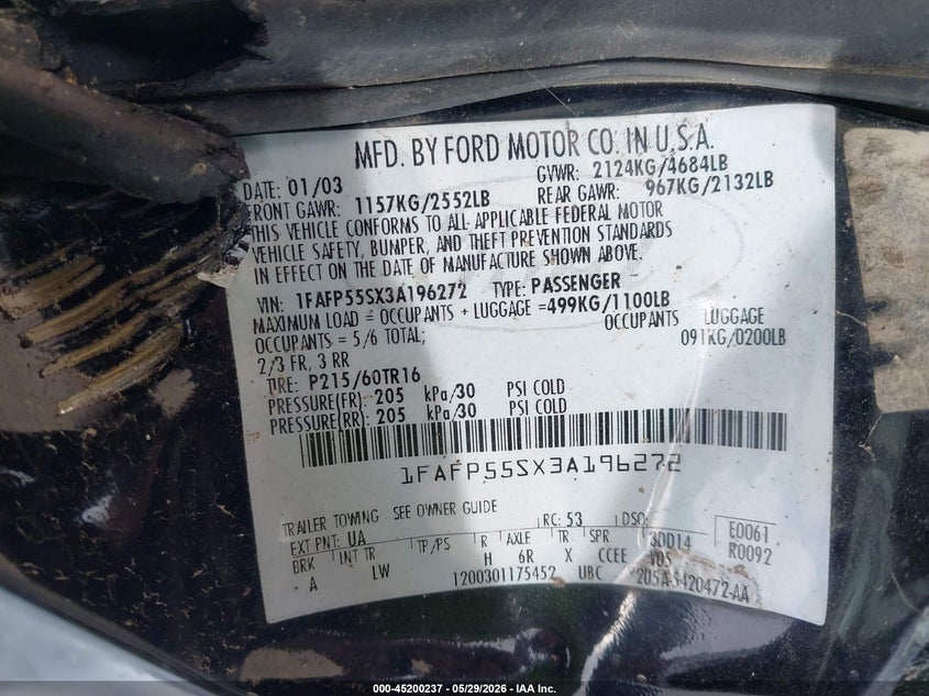 2003 FORD TAURUS SEDAN 3.0L V-6 DOHC, 200HP