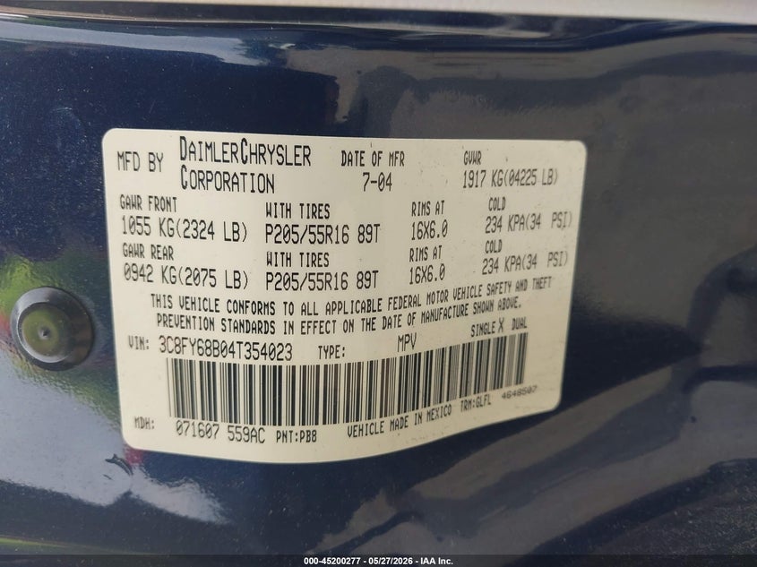2004 Chrysler Pt Cruiser Limited VIN: 3C8FY68B04T354023 Lot: 45200277