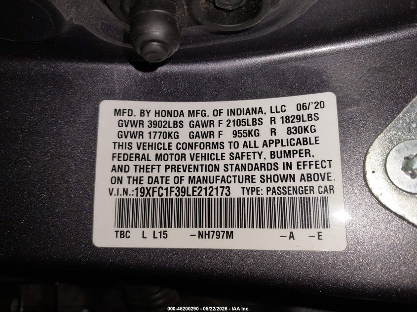 VIN 19XFC1F39LE212173 2020 HONDA CIVIC EX