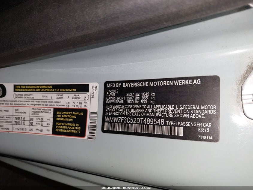 2013 Mini Clubman Cooper VIN: WMWZF3C52DT489548 Lot: 45200294