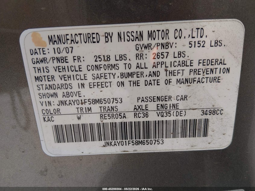 2008 Infiniti M35X VIN: JNKAY01F58M650753 Lot: 45200304